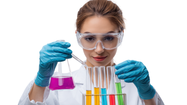 Scientist in lab coat examining colorful liquids in test tubes, wearing safety goggles and gloves, isolated background.