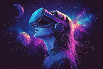 Futuristic artwork of a woman in VR headset exploring a cosmic realm