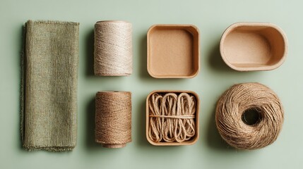 Eco friendly craft supplies flat lay arrangement on a soft green background
