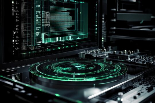 Digital data processing visualization on dark backdrop showcasing intricate circuit design, digital data processing over scope on black background - Powered by Adobe