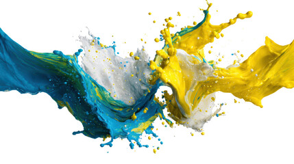 Vibrant splash of blue, yellow, and white paint against a black background.