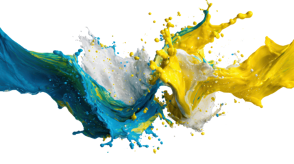 Vibrant splash of blue, yellow, and white paint against a black background.