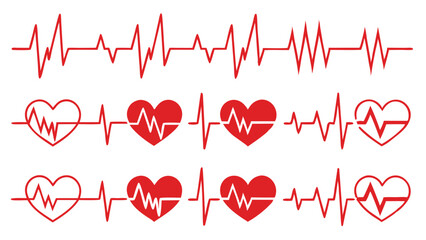 Red heartbeats and heart outlines indicate cardiac activity on a transparent background