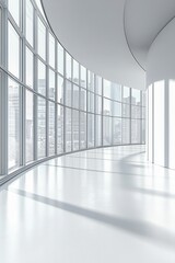 Obraz premium Modern interior with curved wall and panoramic city skyline through glass windows