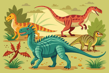 A fun set of cartoon dinosaur vector illustrations featuring cute baby reptiles, a funny green alligator, and other wild monster characters with a playful design