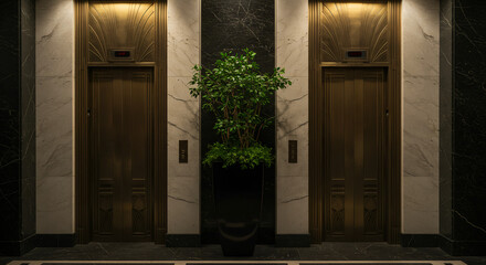 Elegant bronze elevator doors with intricate metalwork and art deco patterns, flanked by marble walls and lush greenery in a planter.