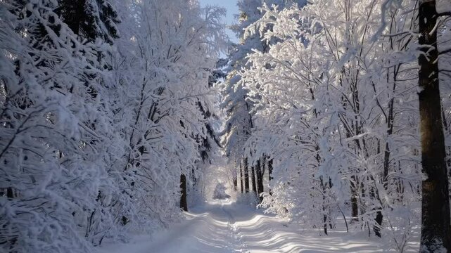 Snow-covered forest path with frosted trees in winter sunlight, peaceful seasonal landscape for holiday, nature, or relaxation themes