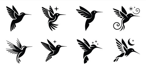 Fototapeta premium Set of Black Silhouettes of Hummingbirds in Flight
