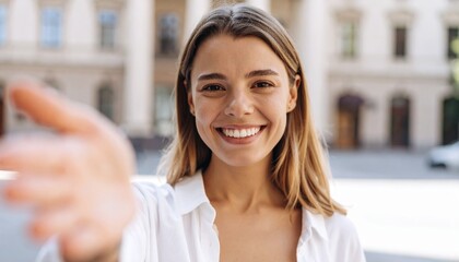 Retrato de mujer joven sonriente saludando con la mano en la calle

