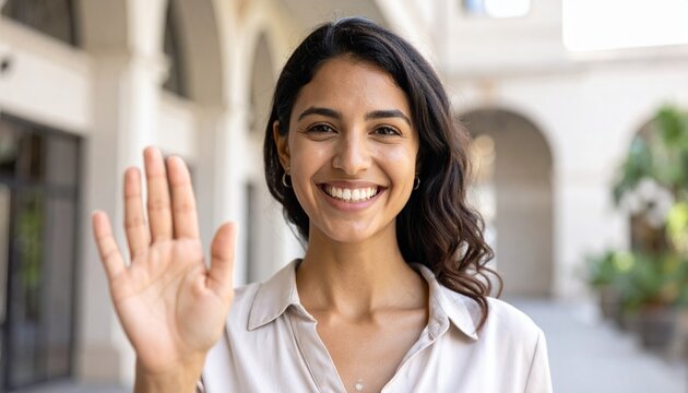 Retrato de mujer joven sonriente saludando con la mano en la calle

