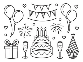 A black outlined birthday theme displays cake, champagne glasses, balloons, gift and party hats