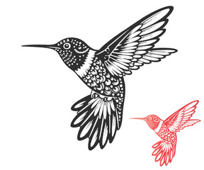 Hummingbird Illustration Black and White with Red Accent Wings Spread in Flight