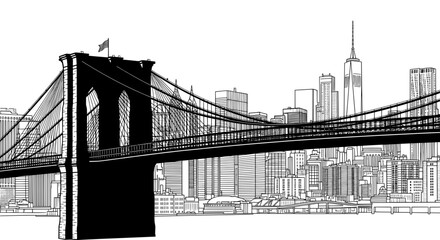 Naklejka premium Brooklyn Bridge Cityscape - Urban Landmark Line Art 