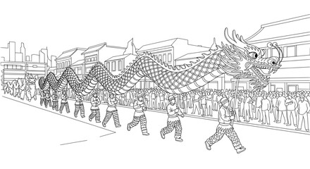 Fototapeta premium Chinese Dragon Dance Parade - Cultural Festival Line Drawing 