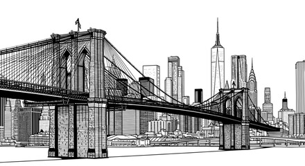 New York City Skyline with Brooklyn Bridge - Detailed Line Drawing
