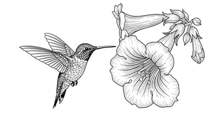 Fototapeta premium Hummingbird and Hibiscus Flower - Nature Line Drawing 