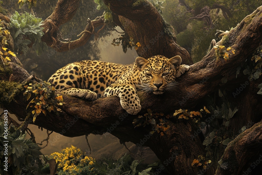 Poster leopard reclines on a tree branch amidst lush foliage in a serene forest setting, a leopard rests in