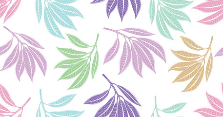 Seamless pastel leaf branch pattern in soft multicolor tones on white background, ideal for botanical prints, eco branding, fabric design, packaging, scrapbooking, and spring 