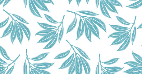 Seamless pastel leaf branch pattern in soft multicolor tones on white background, ideal for botanical prints, eco branding, fabric design, packaging, scrapbooking, and spring 