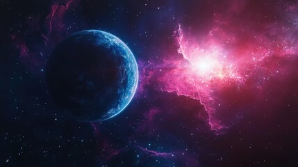 Explore a Stunning Cosmic Scene with a Blue Planet and Bright Nebula Colors