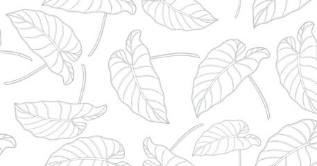 Minimalist seamless taro leaf pattern in fine gray outline on white background, perfect for botanical wallpaper, textile design, eco packaging, spa branding, and natural-themed projects.