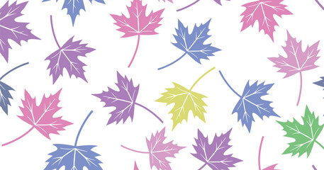 Seamless maple leaf pattern with vibrant multicolor foliage on white background, ideal for seasonal wrapping, kids fabric, autumn party paper crafts, and cheerful surface designs.