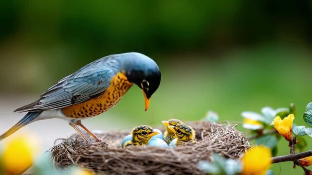 American robin bird nest with chicks and eggs in spring nature, wildlife parenting scene among yellow flowers, green foliage, nurturing family, closeup of feathers, beak, motherhood outdoors