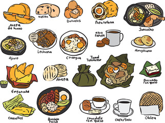 Set of vector illustrations of traditional Colombian dishes in doodle style.