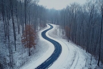 Obraz premium Curvy secluded road winding through a snowy forest in winter, Aerial establishing shot of a curvy secluded road during the winter Cinematic