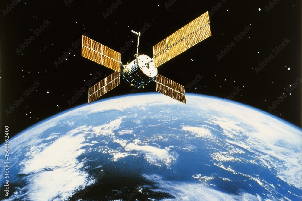 Poster satellite orbiting the earth capturing data and monitoring weather from space, artificial satellite 