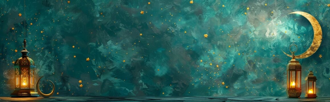 Ramadan Mubarak Enchanting Night Scene with Lanterns and Crescent Moon