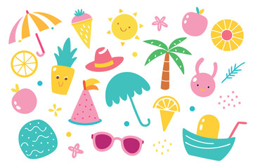 Whimsical summer icons create a vibrant, happy with sun, fruit, and beachy items