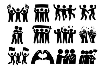 12 black silhouette icons of happy cheering crowds at concerts or sports. Includes waving, hugging, dancing, singing, clapping, flags.