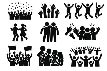 12 black silhouette icons of crowds cheering, waving, dancing, hugging, clapping. Great for events, festivals, sports or concert graphics.