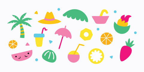Summer shows vibrant palm tree, fruits, drinks, and umbrella with transparent background