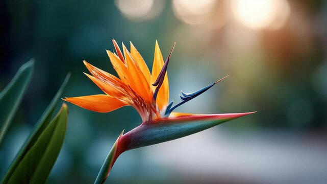 Bird of paradise flower with vibrant orange and blue petals soft sunlight, tropical plant garden, nature beauty, exotic bloom, green leaf, outdoor garden, peaceful mood, vibrant color, closeup