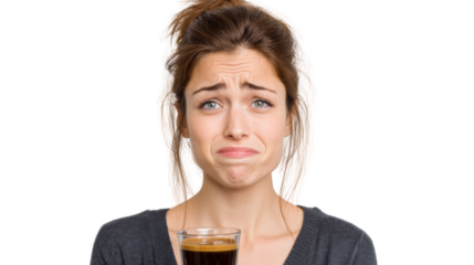 A young woman showing a disappointed expression while holding a glass of soda.