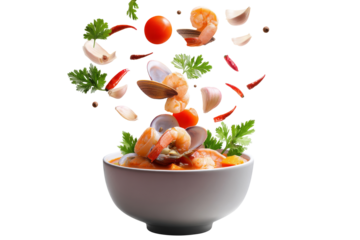 Tom yum seafood soup with shrimp and herbs flying in bowl isolated on transparent background