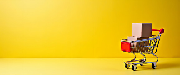 Shopping cart with boxes, representing online shopping and delivery.