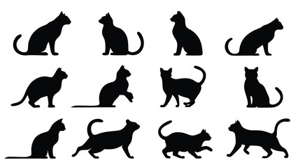 Twelve distinct black cat silhouettes stand, sit, crawl, and prowl against the white background