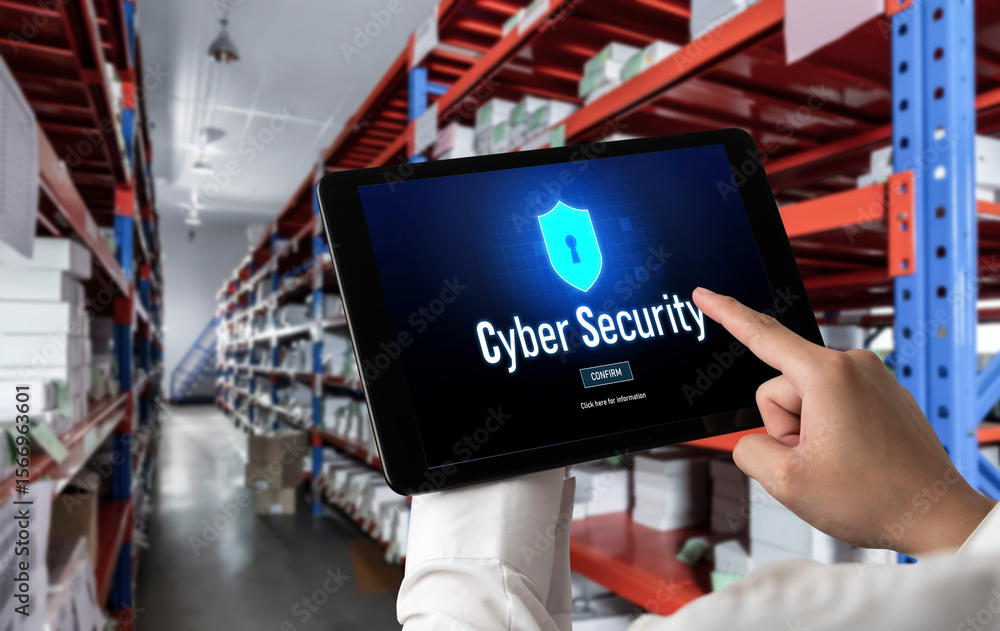 Poster cyber security system on computer screen protect private information snugly from hacker and cyber at