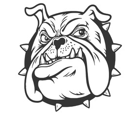 Aggressive Bulldog Head with Spiked Collar in Black and White Vector Illustration