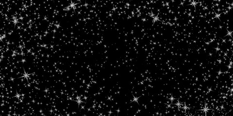 Twinkling white star sparkles and glittering light effects scattered across black background. Perfect for overlays, festive and magical compositions