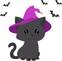 Halloween cat cartoon with flying bats
