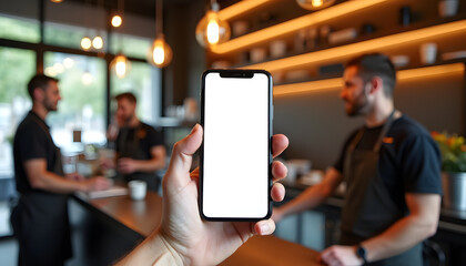 A person holds a phone with a blank screen in a coffee shop setting, with baristas and interior in view.