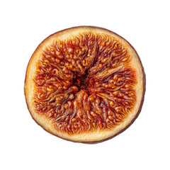 Dried fig, cross section, showing intricate detail and texture. The fig is rich in color, ranging from light amber to deep brown.
