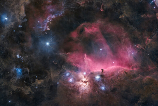 Orion belt region with Horsehead and Flame nebulae astrophoto - Powered by Adobe