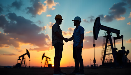 Engineers shaking hands at an oil field during a beautiful sunset, symbolizing agreement.