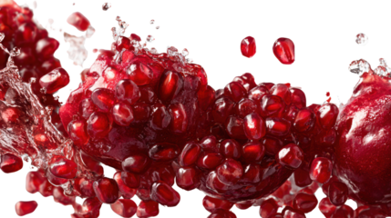 Fresh pomegranate seeds splashing in water, vibrant red color, isolated on white background.