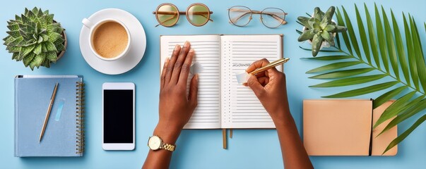 Woman taking notes in notebook with coffee and smartphone on modern desk